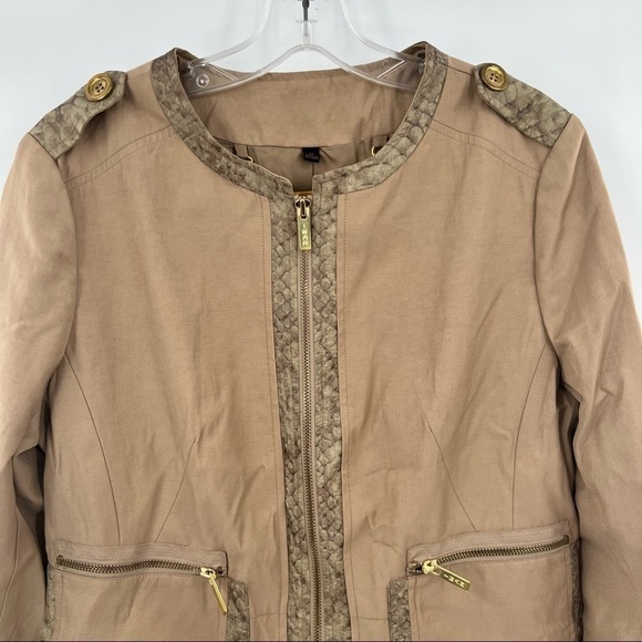 Iman brown safari front zipper dress  long sleeve M animal print trim - Picture 5 of 10